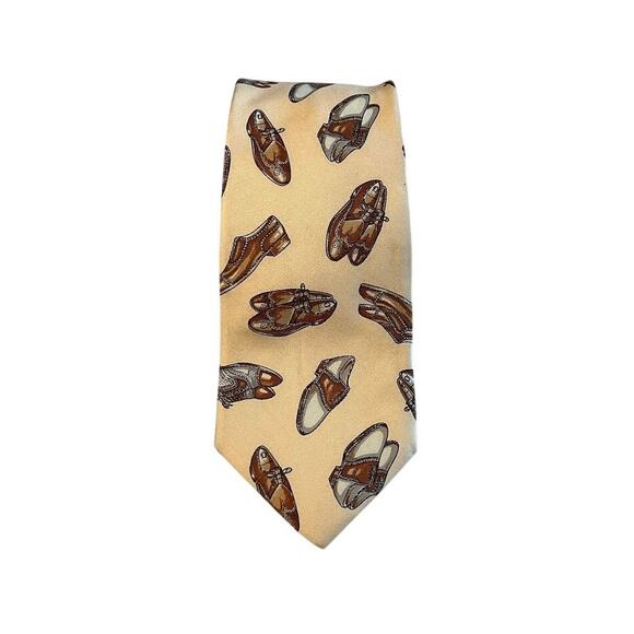 Lands' End Men's 100% Silk Shoe Print Necktie Cream Tan Classic Work - Picture 1 of 2